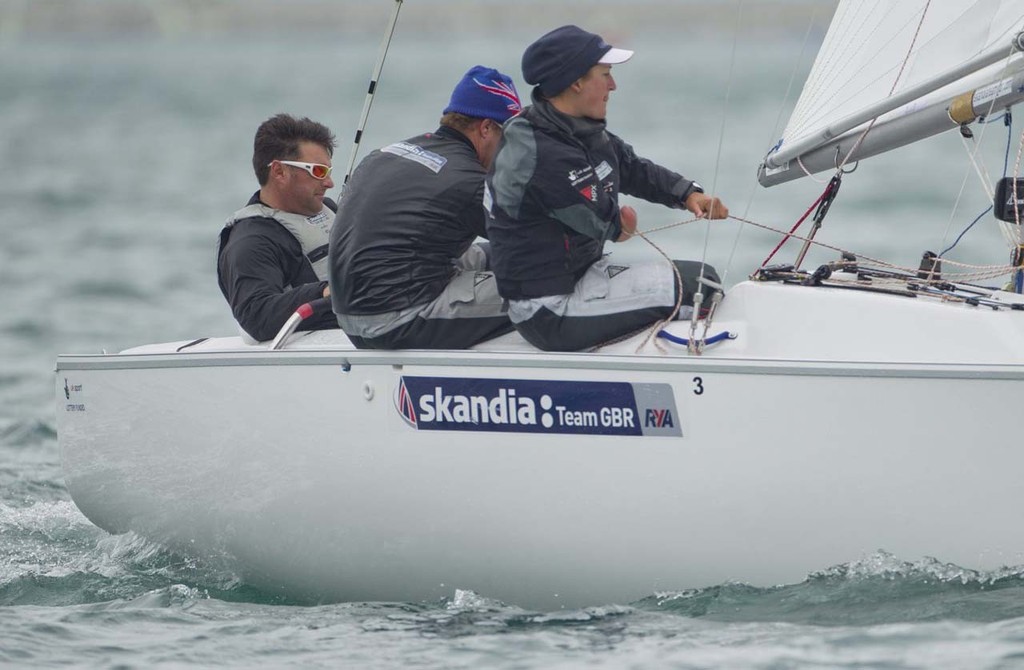 John Robertson, Hannah Stodel and Steve Thomas, (GBR) racing in the Sonar class © onEdition http://www.onEdition.com